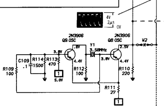 Atari 800XL clock oscillator Q8 Q9 with voltages (Sams CC11)