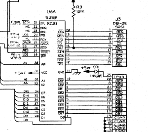 Macintosh Plus schematic SCSI port J3 and CR1 (Apple 050-0159-A)