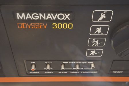 The control panel: POWER, SERVE, SPEED, ANGLE and PLAYER SIZE switches