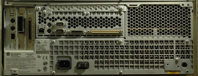 Rear of a rack-mounted Origin 200: PCI slots, XIO and CrayLink connectors, I/O ports, mains inlet and master power switch (Dave Fischer, CC BY-SA 3.0)