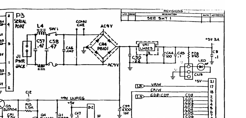 Commodore VIC-20 schematic 324003, power input (J1, SW1, CR4, C39, VR1 LM323)