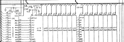 Atari 130XE DRAM U9-U16 and U26-U33 data bits (C070065 schematic)