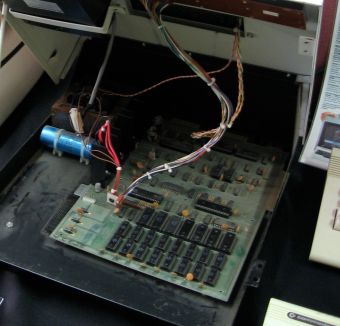 Commodore PET 2001 with top raised, main logic board and RAM rows