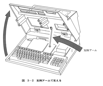 Sharp MZ-2000 upper cabinet raised on its support arm (owner's manual)