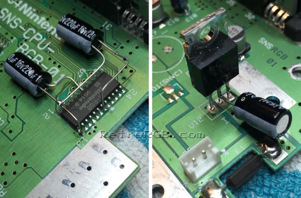 SNES vertical line capacitor fix on SNS-CPU-RGB-01 (Paul T, RetroRGB)