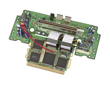 Genesis 32X boards: the sub board (top) with the cartridge slot and AV and DC connectors, and the main board (bottom) with the SH2s, the VDP and the edge connector to the console, joined by the two flat cables