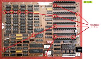 IBM 5160 motherboard +5V tantalums